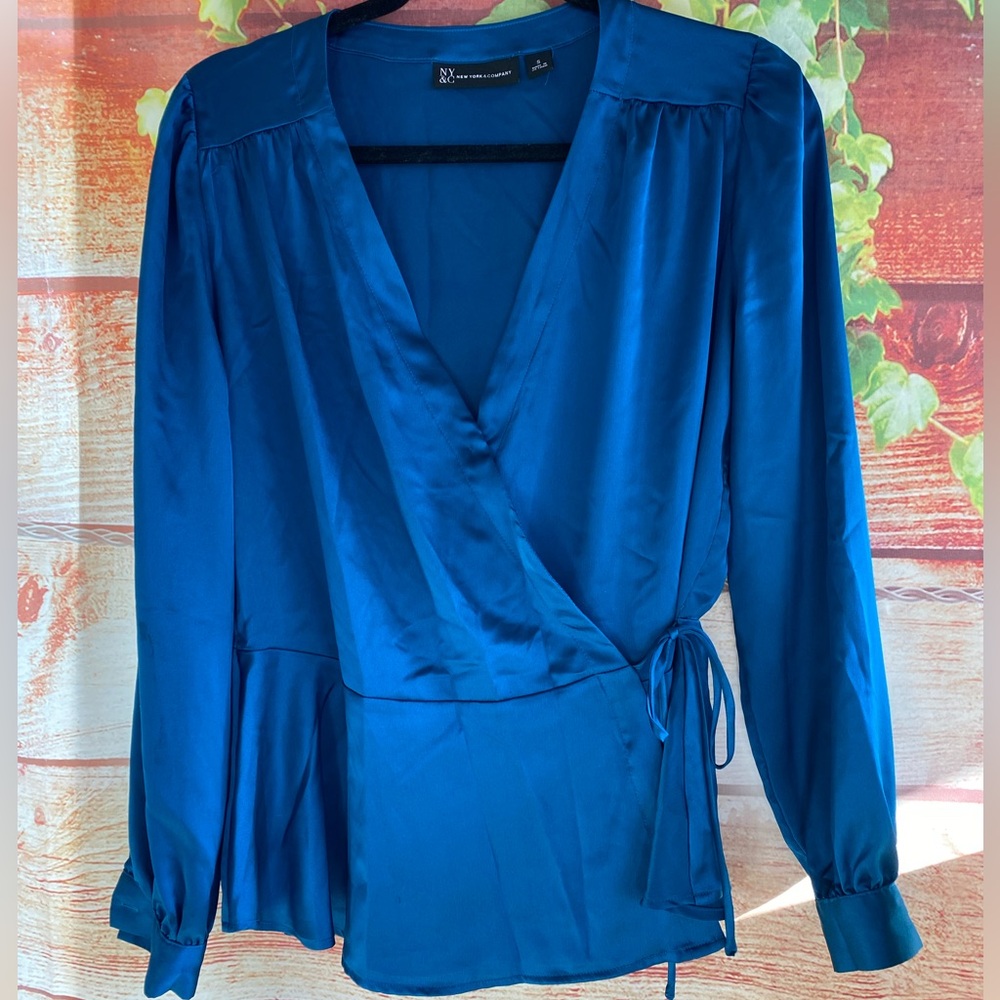 New York & Company Vibrant Blue V Neck Faux Wrap Top